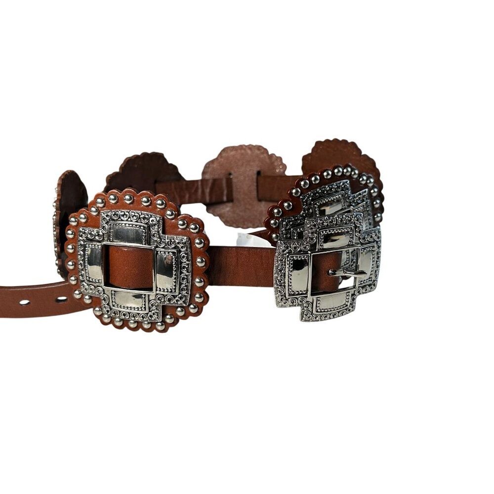 Vintage 80s Leather Concho Belt Brown Silver Hardware Heavy Western Large - Picture 3 of 10